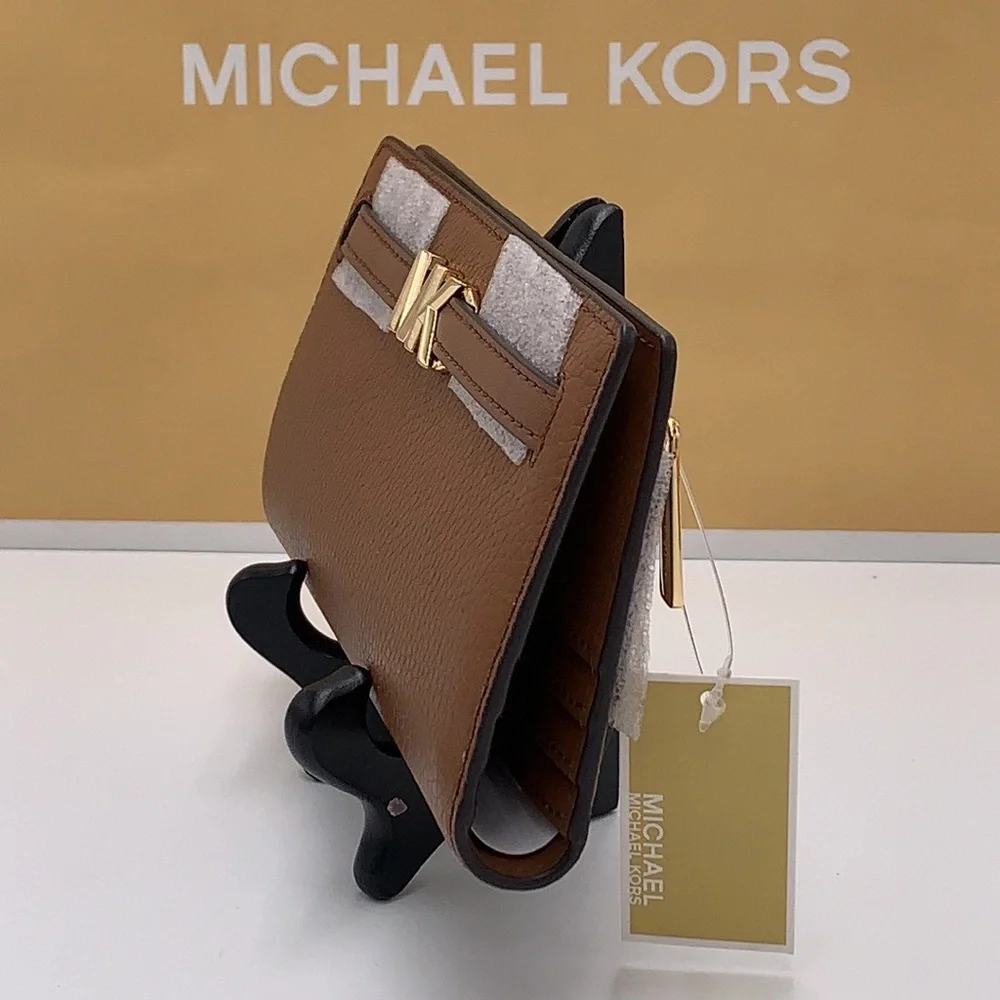 Michael Kors Reed Large Bifold Pebbled Leather Snap Wallet Card Case Luggage